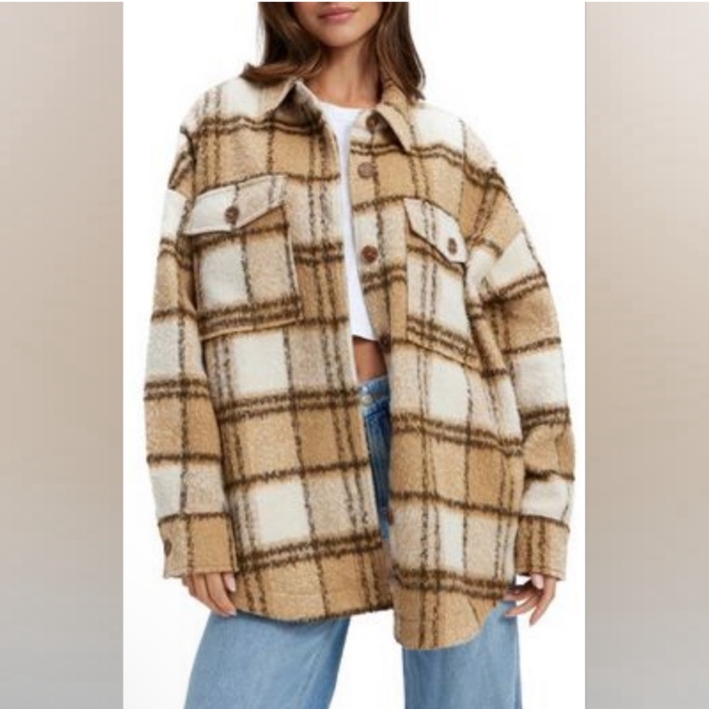 Good American beige/neutral plaid shacket NWT